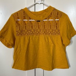 Mustard Yellow Cropped Shirt with Lace Detailing!